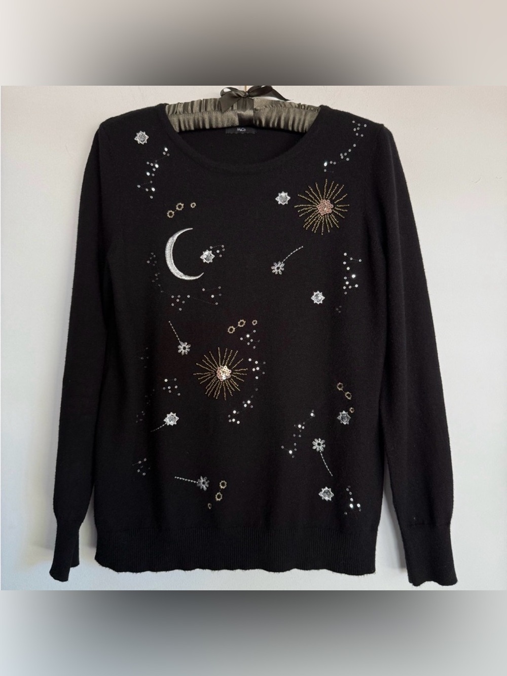 M&Co Celestial Beaded Sweater Black Moon Star Embroidered Size UK 14 New‎ Age